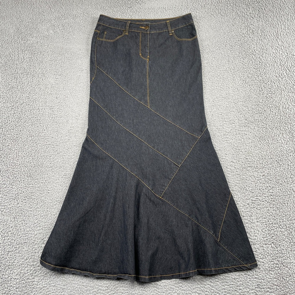 Bisou Bisou Denim Skirt Womens 8 Dark Wash Mermaid Maxi Seamed Contrast Stitch